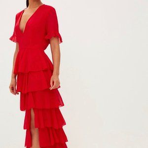 RED CHIFFON RUFFLE LAYER MAXI DRESS